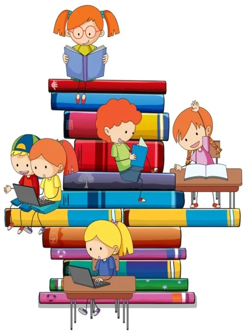 Kinder auf dem Bücherturm