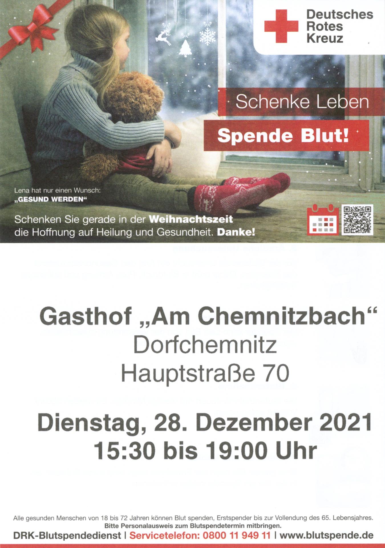 Plakat Blutspendetermin Dorfchemnitz Dezember 2021