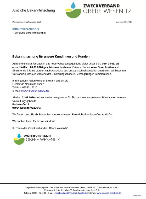 Bekanntmachung des Zweckverband Neukirch