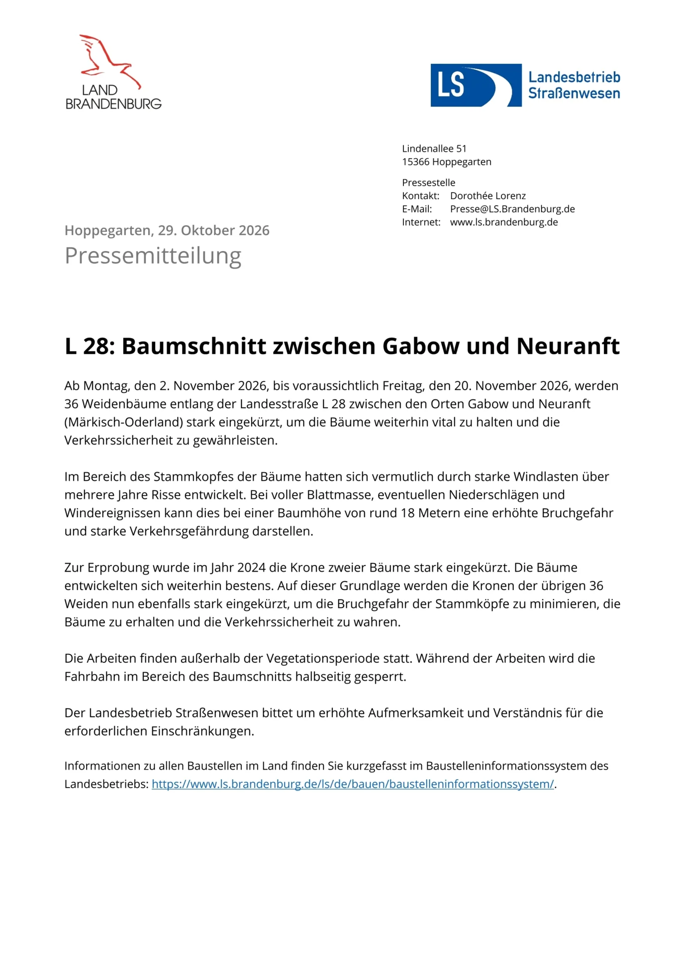 Baumschnitt an der L 28 zwischen Gabow und Neuranft vom 02.11 bis 20.11.2026