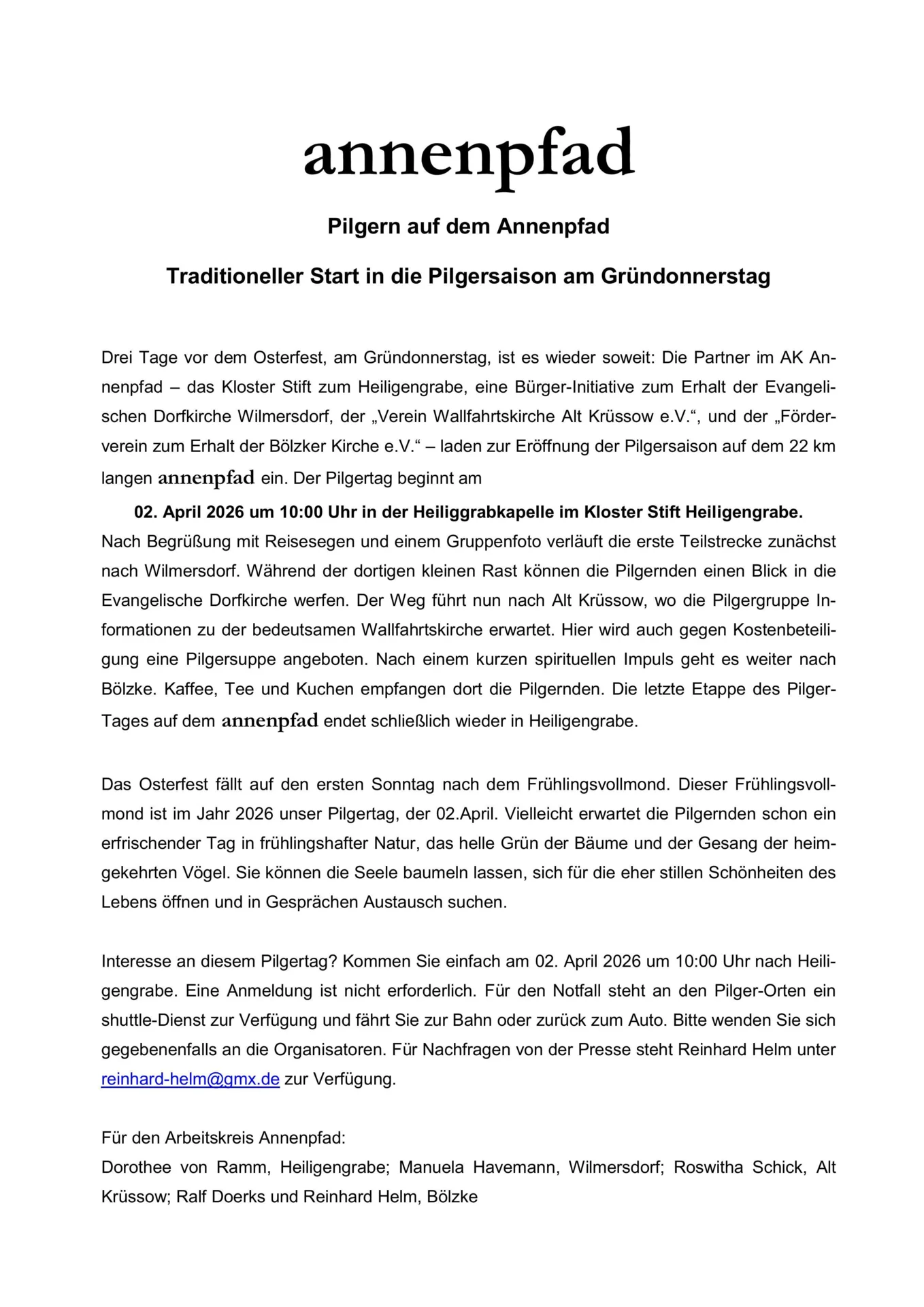 Pressetext zum traditionellen Anpilgern auf dem Annenpfad
