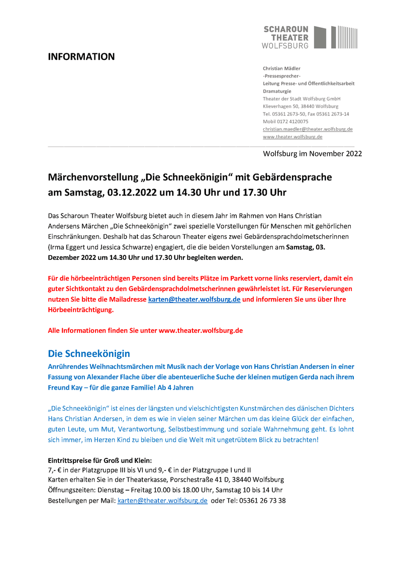 PM Scharoun Theater Wolfsburg Märchenvorstellung Die Schneekönigin 2022 mit Gebärdensprache