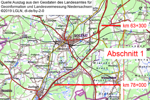 Der Ausbauabschnitt 1 entlang der A 7 innerhalb des Gesamtprojekts „Sechsstreifiger Ausbau von der Anschlussstelle Soltau-Ost bis zum Dreieck Walsrode“