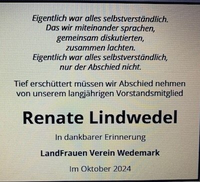 Meldung: Nachruf Renate Lindwedel