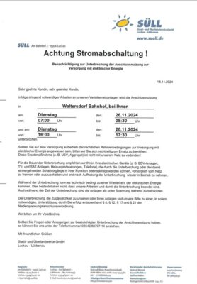 Achtung Stromabschaltung in Waltersdorf! (Bild vergrößern)