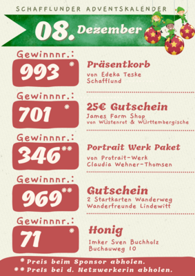 Adventskalender - Gewinner 08.12.2024