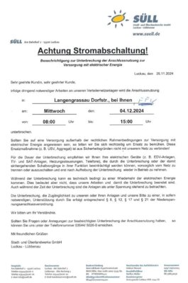 Achtung Stromabschaltung in Langengrassau - Feuerwehr! (Bild vergrößern)