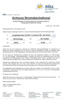 Achtung Stromabschaltung in Langengrassau - Straßenbeleuchtung Dorfstraße! (Bild vergrößern)
