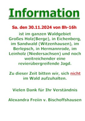 Jagd am Samstag, den 30.11.2024 von 08:00 Uhr bis 16:00 Uhr (Bild vergrößern)