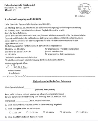 Meldung: Betreuung Schulentwicklungstag am 03.02.2025