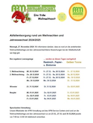 Bürgerinformationen zu den Schließzeiten und geänderten Abfuhrterminen während der Weihnachtsfeiertage 2024 (Bild vergrößern)