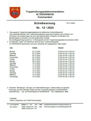 Schießwarnung Dezember 2024 (Bild vergrößern)
