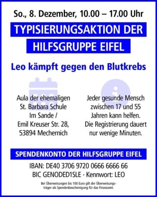 ++Erinnerung++ Typisierungsaktion der Hilfsgruppe Eifel - Sonntag, 08. Dezember 2024 (Bild vergr&ouml;&szlig;ern)
