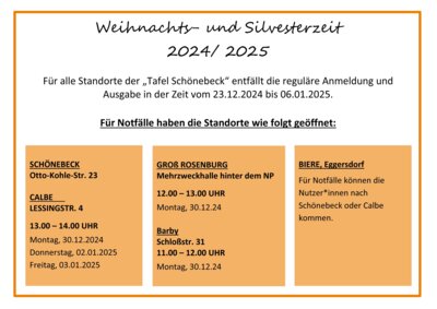 Öffnungszeiten Tafeln ab 23. Dezember 2024