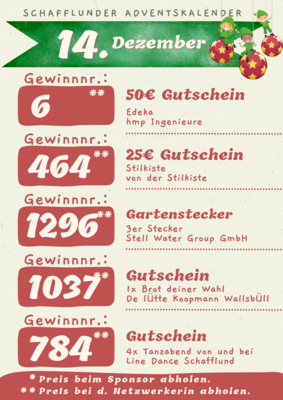 Adventskalender - Gewinner 14.12.2024
