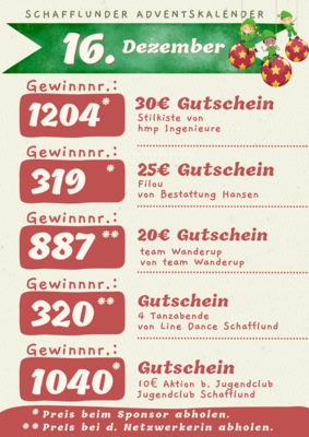 Adventskalender - Gewinner 16.12.2024