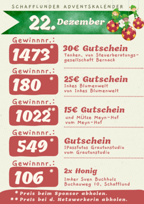 Adventskalender - Gewinner 22.12.2024
