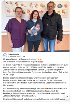 Foto zur Meldung: Im KKH in Perleberg wurde das 300. Baby geboren !