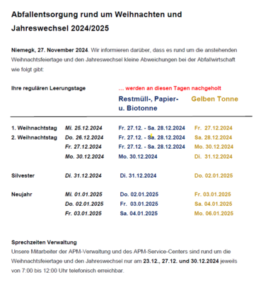 Abfallentsorgung rund um Weihnachten und den Jahreswechsel 2024/2025 (Bild vergrößern)