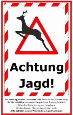 Treibjagd am Samstag, den 07.12.2024 im Wald Eichholz / Breite Hecke und Umgebung (Bild vergrößern)