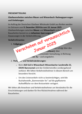 Glasfaserarbeiten zwischen Mauer und Wiesenbach: Radwegsperrungen und Umleitungen - Verschoben auf voraussichtlich Januar 2025 (Bild vergrößern)