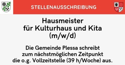 Stellenausschreibung der Gemeinde Plessa: Hausmeister für Kulturhaus und Kita (m/w/d) zum nächstmöglichen Zeitpunkt (Bild vergrößern)