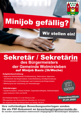 Foto zu Meldung: Stellenangebot: Sekretärin oder Sekretär (Minijob) in der Gemeinde Wolmirsleben