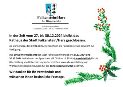 ©Stadt Falkenstein/Harz- Schließzeitenhinweis 2024/2025 (Bild vergrößern)