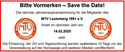 Save the Date - Die Jahreshauptversammlung des MTV am 14.02.2025 (Bild vergrößern)