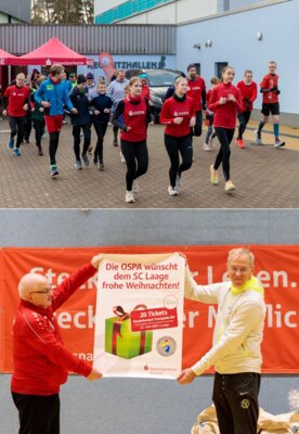 Die Fotos zeigen den Start des 6 km Laufes und die symbolische Übergabe des Präsentes an den Vorstand des SC Laage. Foto: Ralf Sawacki