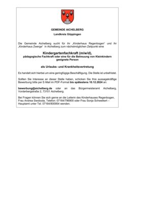 Stellenausschreibung Kindergartenfachkraft (m/w/d) (Bild vergrößern)