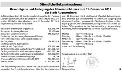 Öffentliche Bekanntmachung: Bekanntgabe und Auslegung des Jahresabschlusses zum 31. Dezember 2019 der Stadt Augustusburg