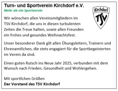 Foto zur Meldung: Weihnachts-und Neujahrsgrüße an alle Mitglieder und Freunde des TSV Kirchdorf …