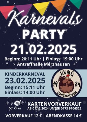 KVMG / Karnevalsparty am 21.02.2025 und Kinderkarneval am 23.02.2025