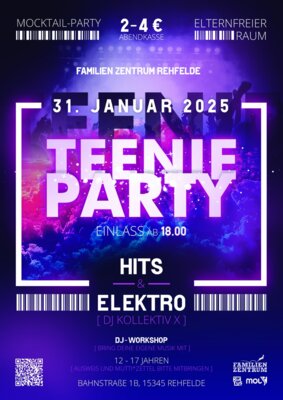 Entdecke die Teenie-Party im Familienzentrum Rehfelde! Hits, Elektro, DJ-Workshop und Mocktails erwarten dich am 31. Januar 2025. Sei dabei – für 12-17 Jahre!