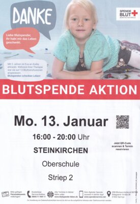 BLUTSPENDE-AKTION am 13. Januar 2025 von 16:00 - 20:00 Uhr Oberschule, Striep 2, Steinkirchen (Bild vergr&ouml;&szlig;ern)
