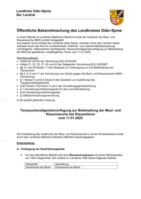 Öffentliche Bekanntmachung des Landkreises Oder-Spree: Tierseuchenallgemeinverfügung zur Bekämpfung der Maul- und Klauenseuche bei Klauentieren vom 11.01.2025