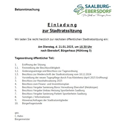 Meldung: Einladung zur Stadtratsstitzung