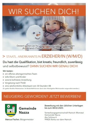 Stellenausschreibung als Staatlich Anerkannte*r Erzieher*in  für die Kita Nazza (Bild vergrößern)