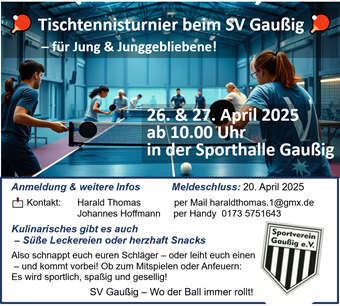 🏓 Tischtennisturnier beim SV Gaußig – für Jung & Junggebliebene! 🏓 (Bild vergrößern)