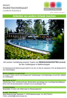 Wir suchen Verstärkung unseres Teams von REINIGUNGSKRÄFTEN (m/w/d) für den Goldbergsee in Marktschorgast
