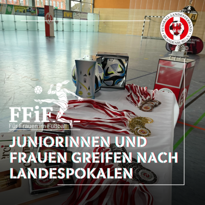 Das Bild zeigt den Landespokal und Medaillen. Dazu der Text: Juniorinnen und Frauen greifen nach Landespokalen.