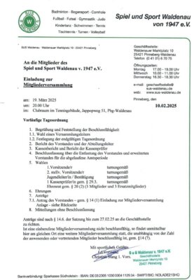 Einladung zur Mitgliederversammlung 2025 am Mi, 19.3.2025 um 20.00 Uhr im Tennishaus