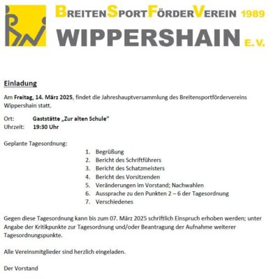 Jahreshauptversammlung 2025 Breitensportförderverein 1989 Wippershain e.V. (Bild vergrößern)