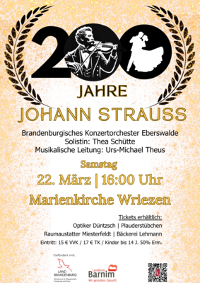 „200 Jahre Johann Strauß“ am 22. März um 16:00 Uhr in der Marienkirche Wriezen