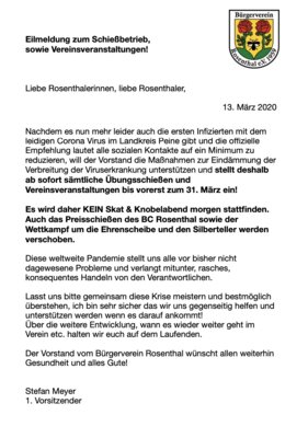 Corona - Einstellung Schießbetrieb (Bild vergrößern)