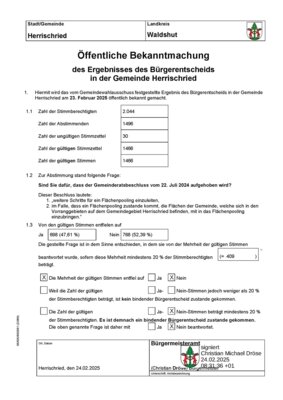 Öffentliche Bekanntmachung Ergebnis Bürgerentscheid