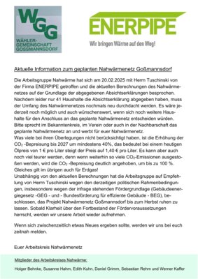 Aktuelle Information zum Nahwärmenetz Goßmannsdorf