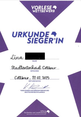 Vorlesewettbewerb 2025 – Lina gewinnt den Stadtausscheid Cottbus!