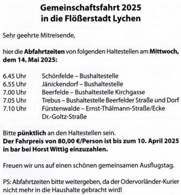 Gemeinschaftsfahrt 2025 in die Flößerstadt Lychen